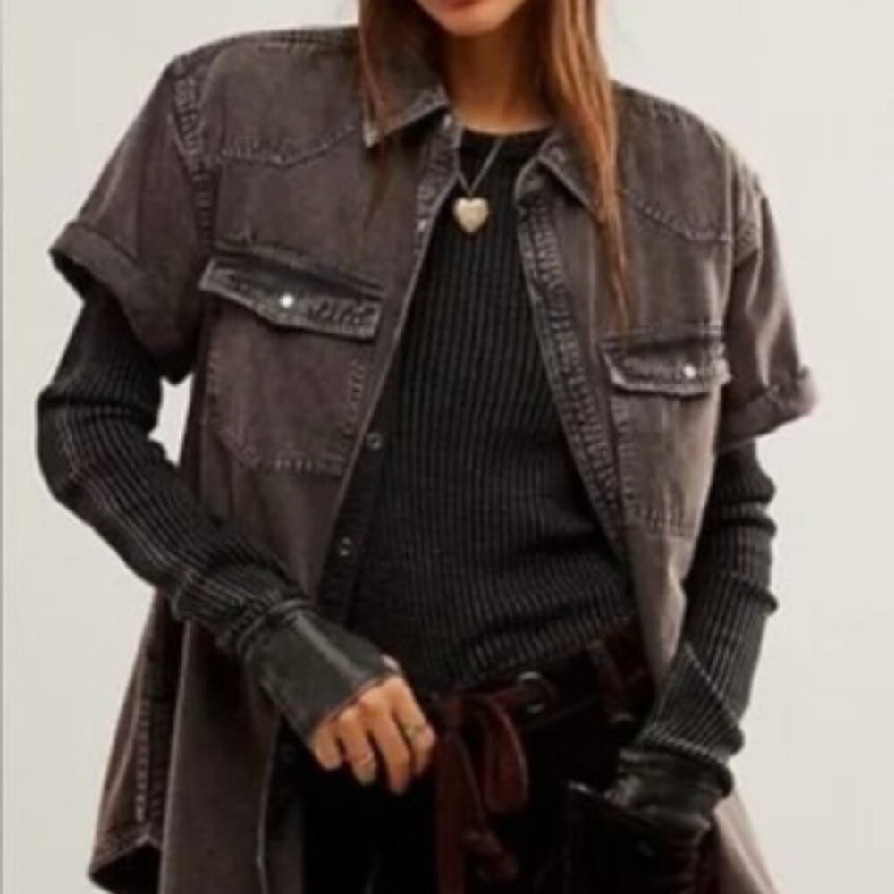 Free People The Short of it denim shirt black grey Small NWT